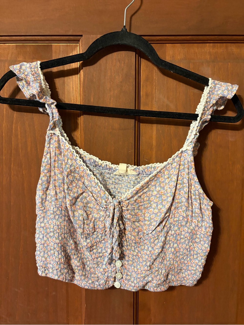 Smocked Floral Tie-Front Crop Top in Lavender/Pink